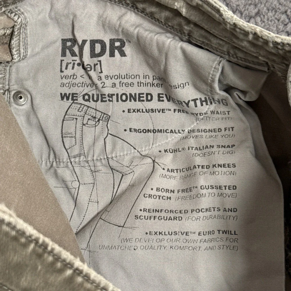 Kuhl Rydr Pants 34x30 Reinforced Ankle Vintage Patina Dye Olive Green Flat Front